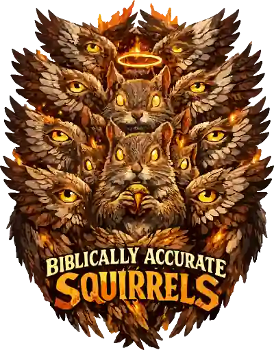 Illustration of a squirrel as a 6-winged Seraphim angel with text 'BIBLICALLY ACCURATE SQUIRRELS SERAPHIM ISAIAH 6:2'.