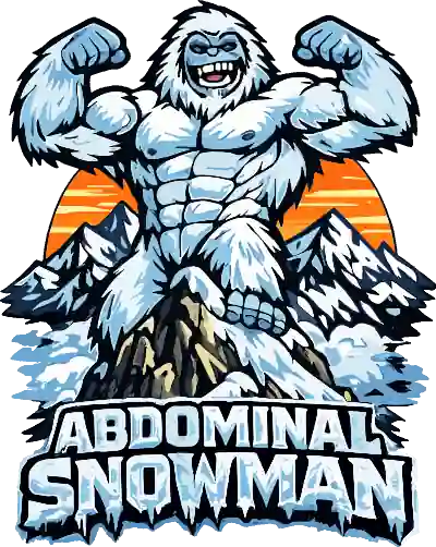 Cartoon illustration of a heavily muscled Yeti flexing on a mountain peak, with icy text reading 'ABDOMINAL SNOWMAN'.