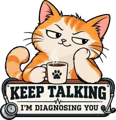 Illustration of an unimpressed cat with coffee, a stethoscope, and text 'KEEP TALKING I'M DIAGNOSING YOU'.